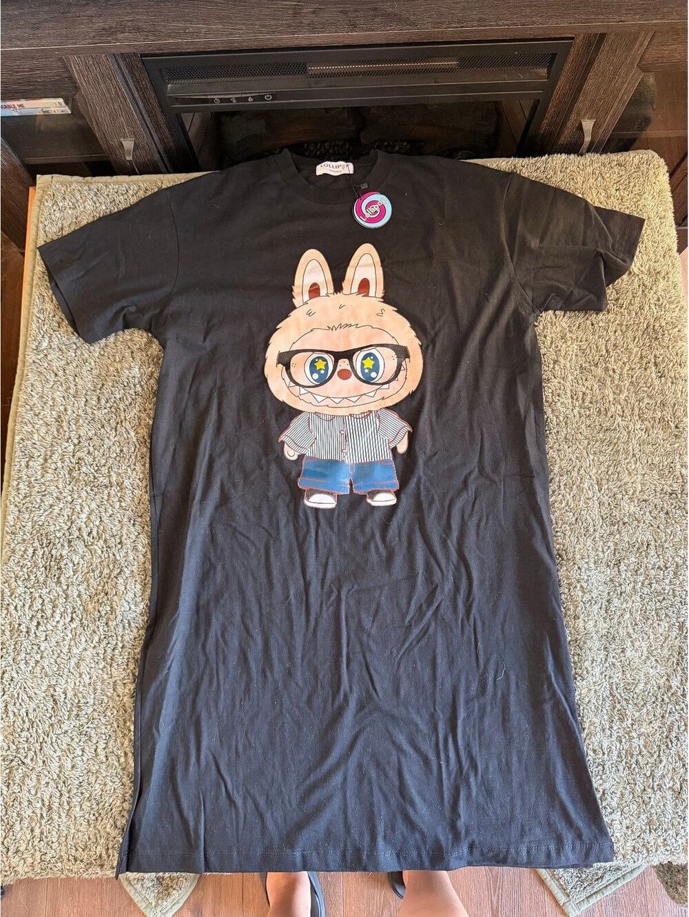 Lollipop Bangkok Black T-Shirt Dress with Cartoon Bunny Graphic and Glasses